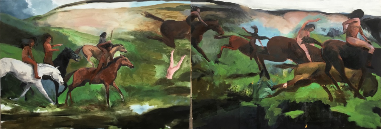 Quatre cavaliers sur les Black Hills, 2020, diptyque, huile sur toile, 260 x 90 cm © Eric Pradalié.jpg