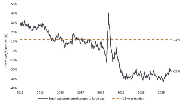 E) ratios. Data are weekly from 2 September 2011 to 2 September 2026. Large cap = S&P 500 Index, small cap = S&P 600 Index