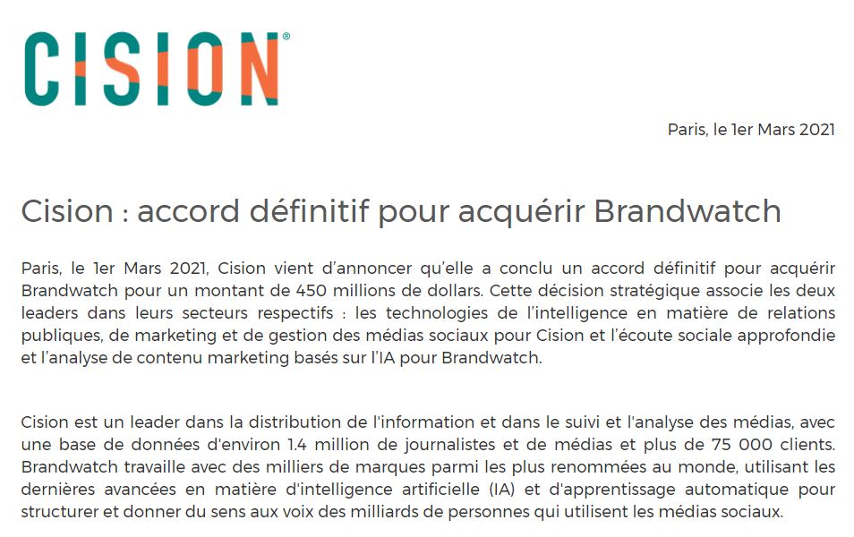 Accord définitif Rachat de Brandwatch par Cision